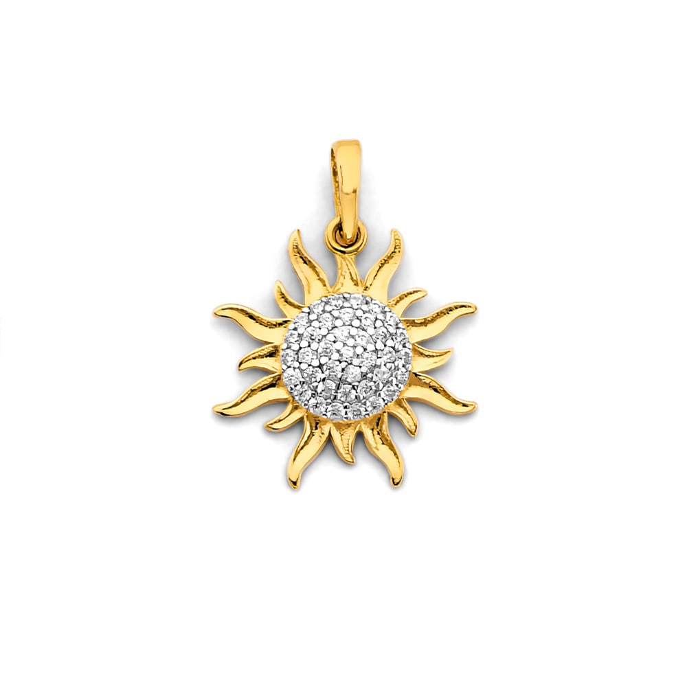 14K 2T CZ SUN PENDANT: 14K 2T CZ Sun Pendant Type: Pendant Material Type: 14k Gold Material Color: Two Tone Avg. Weight: 1.01 Gr. Size: Height : 20 mm, Width : 15 mm Accessories: None Notice: When purchasing pre-owned