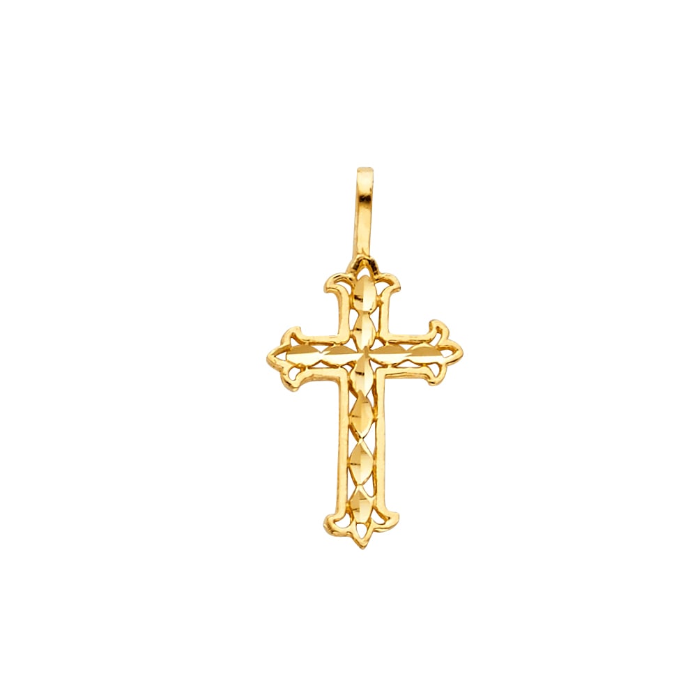 14KY CROSS TINY PENDANT: 14KY Cross Tiny Pendant Type: Pendant Material Type: 14k Gold Material Color: Yellow Avg. Weight: 0.4 Gr. Size: Height : 15 mm Width : 10 mm Accessories: None Notice: When purchasing pre-o