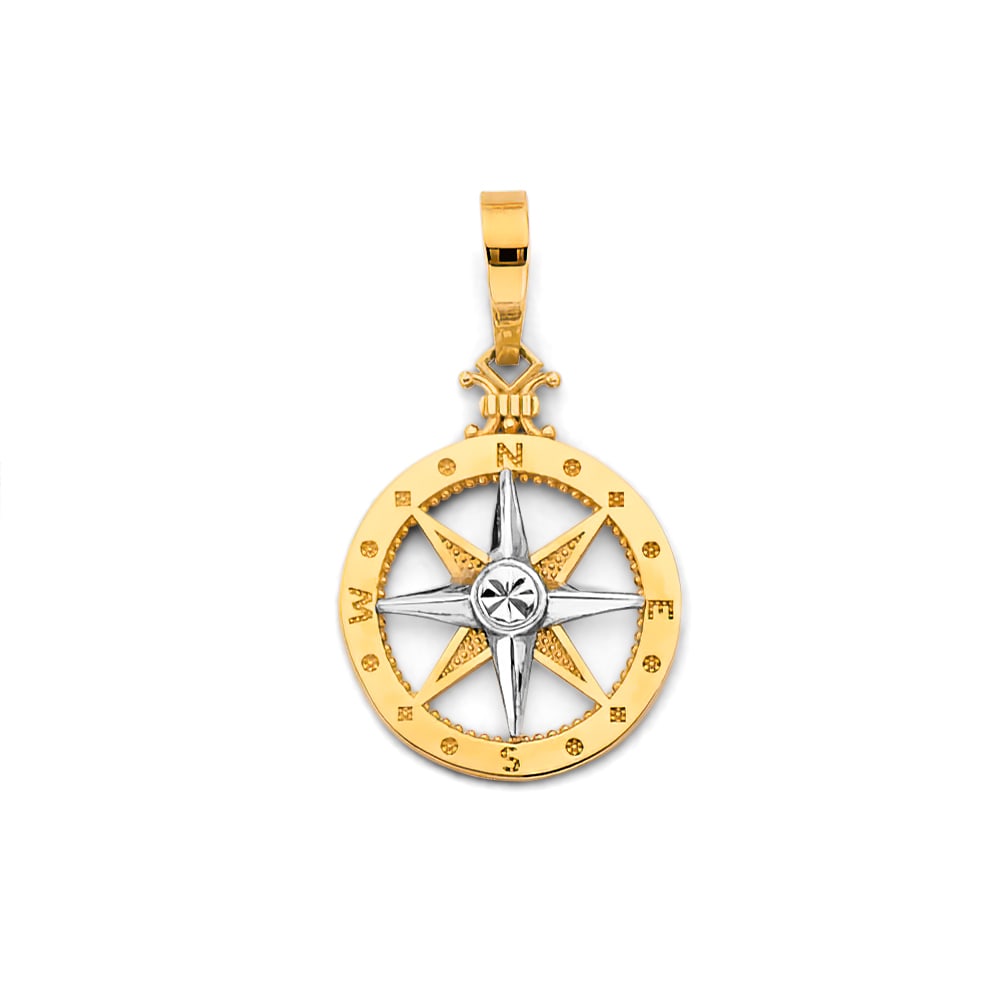 14K 2T CZ COMPASS PENDANT: 14K 2T CZ Compass Pendant Type: Pendant Material Type: 14k Gold Material Color: Two Tone Avg. Weight: 0.96 Gr. Size: Height : 22 mm, Width : 15 mm Accessories: None Notice: When purchasing pre-owned