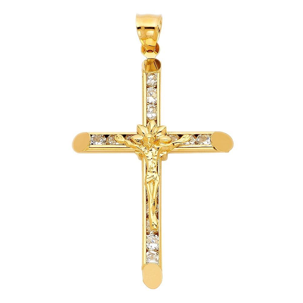 14KY CZ CRUCUFIX PENDANT: 14KY CZ Crucufix Pendant Type: Pendant Material Type: 14k Gold Material Color: Yellow Avg. Weight: 3.65 Gr. Size: Height : 42 mm Width : 33 mm Accessories: None Notice: When purchasing pre-owned