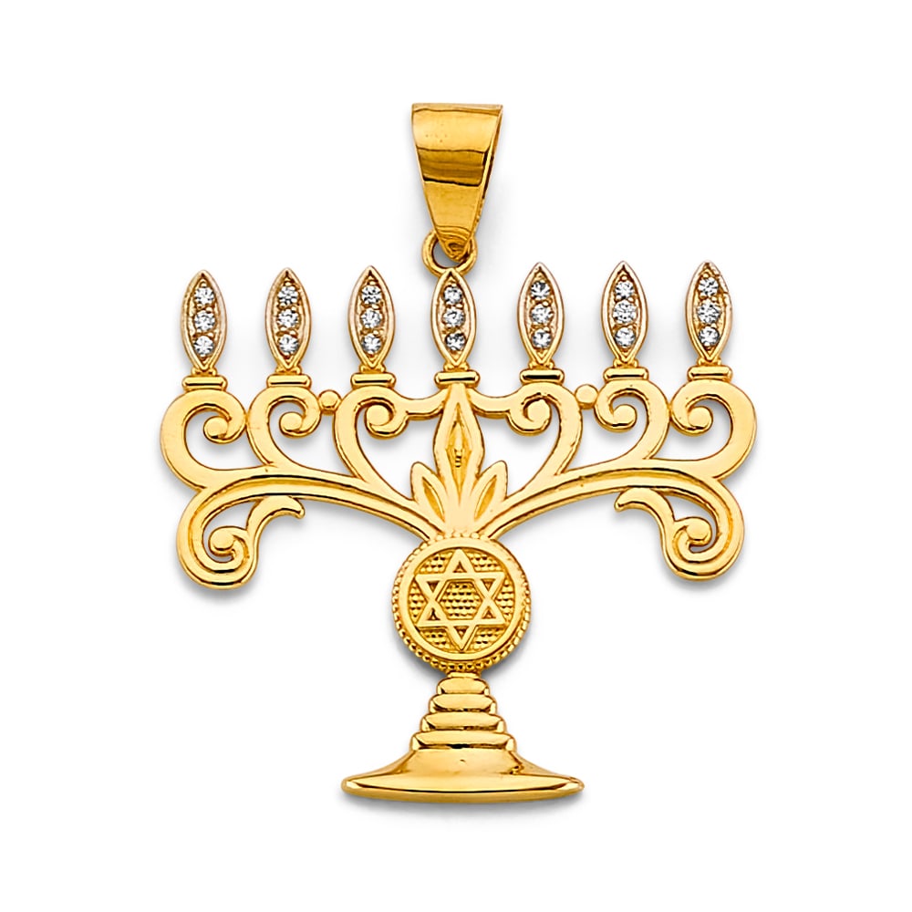 14KY CZ MENORA PENDANT: 14KY CZ Menora Pendant Type: Pendant Material Type: 14k Gold Material Color: Yellow Avg. Weight: 2.52 Gr. Size: Height : 32 mm, Width : 27 mm Accessories: None Notice: When purchasing pre-owned