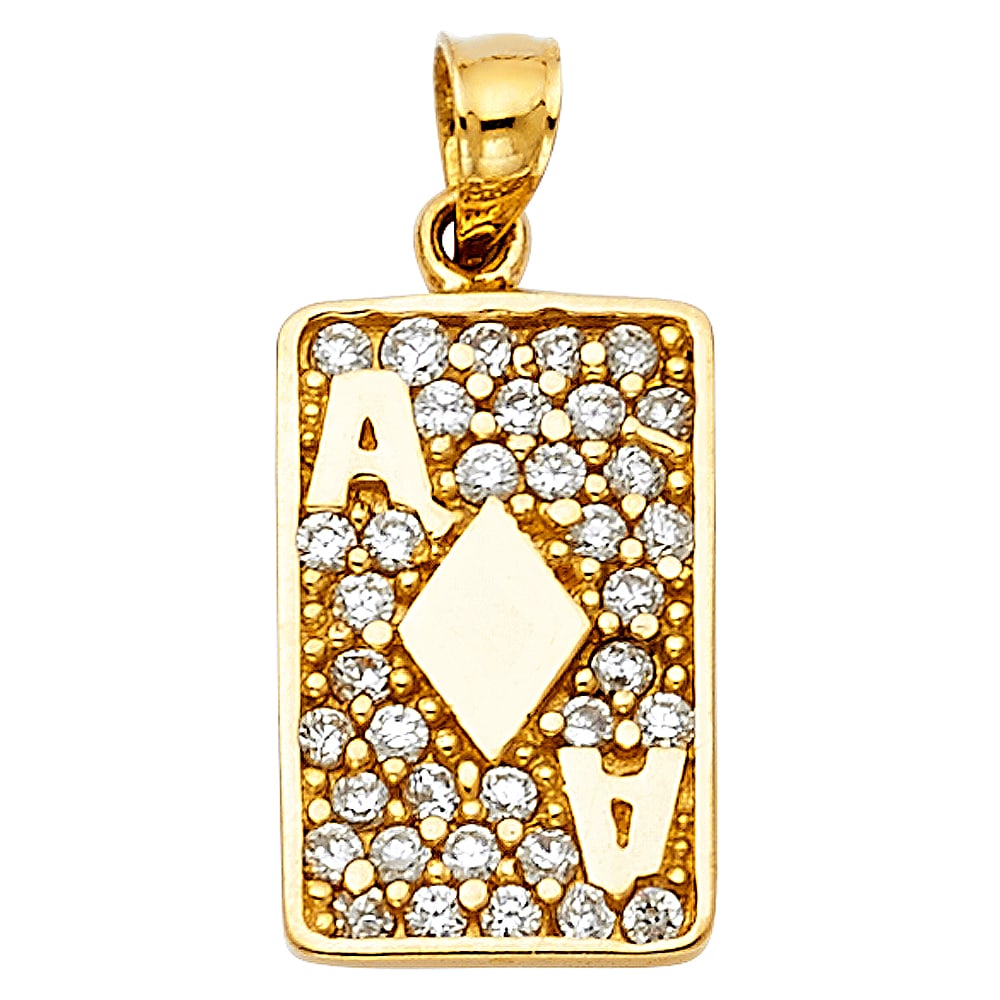 14KY CZ DIAMOND A CARD PENDANT: 14KY CZ Diamond A Card Pendant Type: Pendant Material Type: 14k Gold Material Color: Yellow Avg. Weight: 1.97 Gr. Size: Height : 17 mm,Width : 11 mm Accessories: None Notice: When purchasi