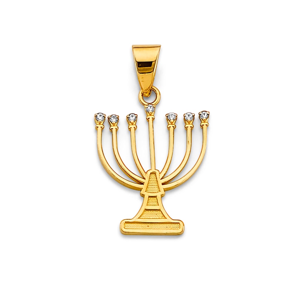 14KY CZ MENORA PENDANT: 14KY CZ Menora Pendant Type: Pendant Material Type: 14k Gold Material Color: Yellow Avg. Weight: 1.54 Gr. Size: Height : 25 mm, Width : 15 mm Accessories: None Notice: When purchasing pre-owned