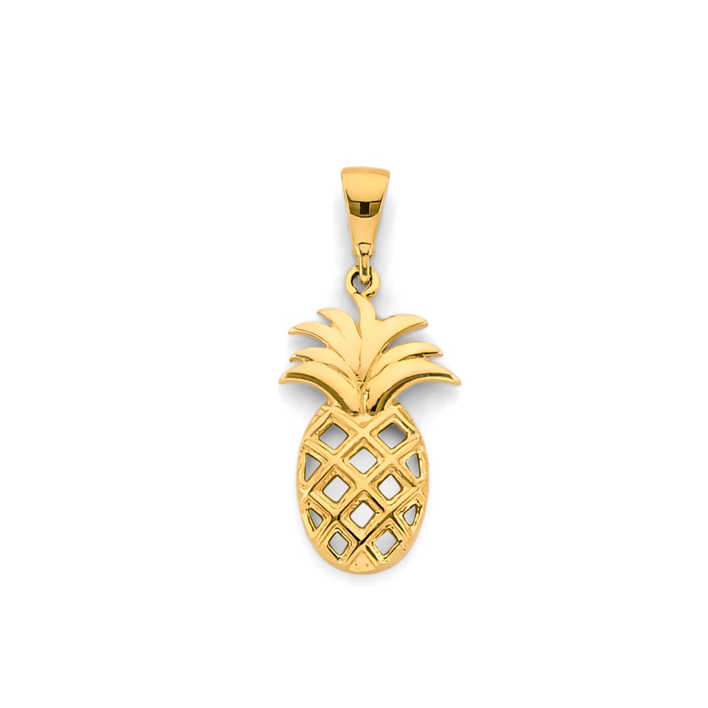 14KY PINEAPPLE PENDANT: 14KY Pineapple Pendant Type: Pendant Material Type: 14k Gold Material Color: Yellow Avg. Weight: 1.44 Gr. Size: Height : 25 mm, Width : 10 mm Accessories: None Notice: When purchasing pre-owned