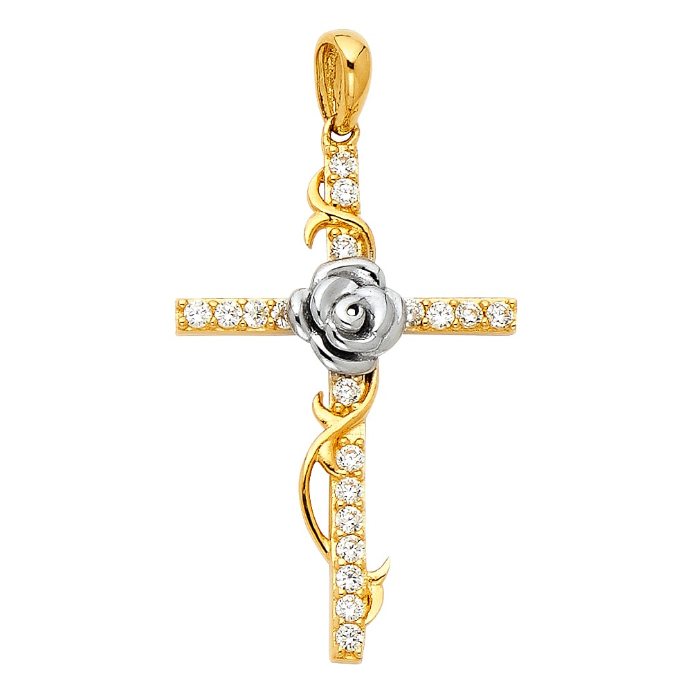 14K 2T CZ CROSS WITH ROSE PENDANT: 14K 2T CZ Cross with Rose Pendant Type: Pendant Material Type: 14k Gold Material Color: Two Tone Avg. Weight: 1.71 Gr. Size: Height : 28 mm,Width : 19 mm Accessories: None Notice: When purchasing