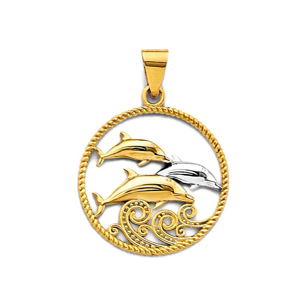 14K 2T ROUND DOLPHIN PENDANT: 14K 2T Round Dolphin Pendant Type: Pendant Material Type: 14k Gold Material Color: Two Tone Avg. Weight: 1.7 Gr. Size: Height : 30 mm, Width : 20 mm Accessories: None Notice: When purchasing