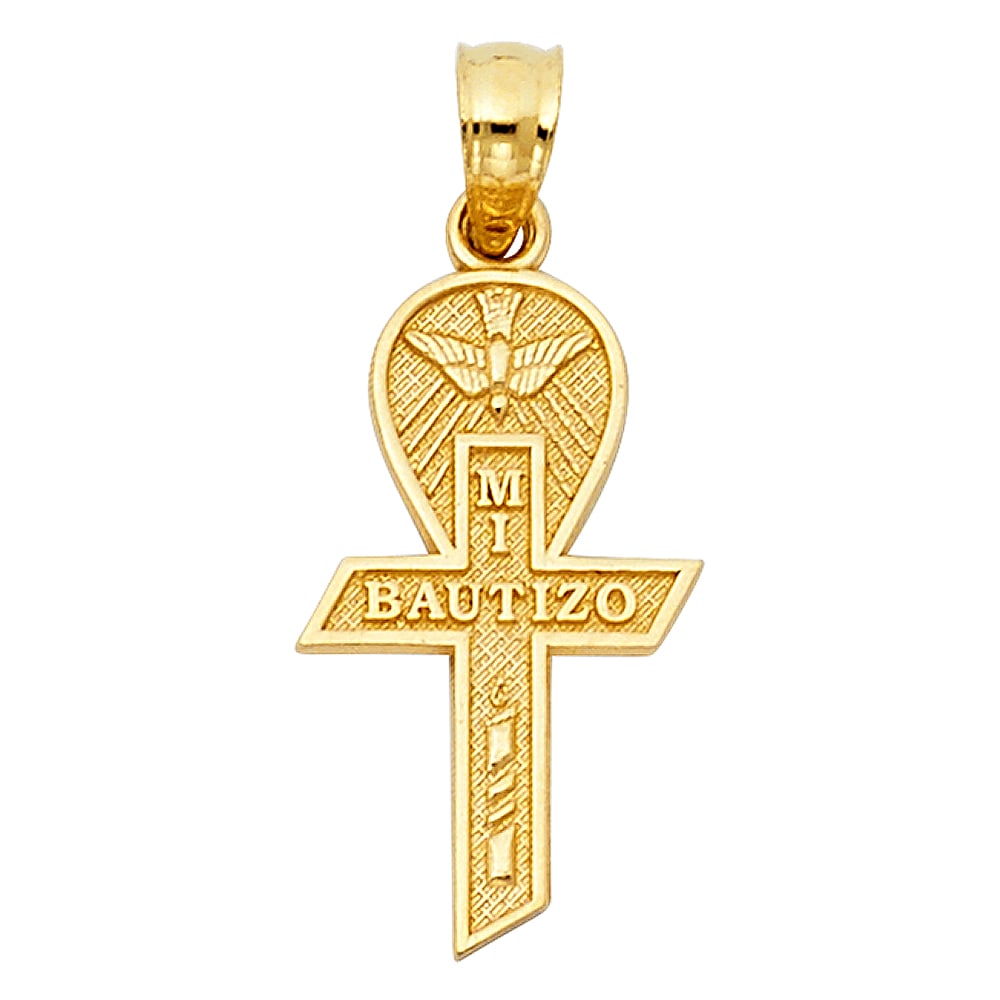 14KY BAPTISM CROSS PENDANT: 14KY Baptism Cross Pendant Type: Pendant Material Type: 14k Gold Material Color: Yellow Avg. Weight: 0.95 Gr. Size: Height : 19 mm,Width : 6 mm Accessories: None Notice: When purchasing pre-owned