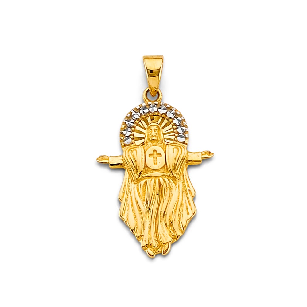 14K 2T CZ JESUS OPEN ARMS PENDANT: 14K 2T CZ Jesus Open Arms Pendant Type: Pendant Material Type: 14k Gold Material Color: Two Tone Avg. Weight: 1.82 Gr. Size: Height : 28 mm, Width : 15 mm Accessories: None Notice: When pu