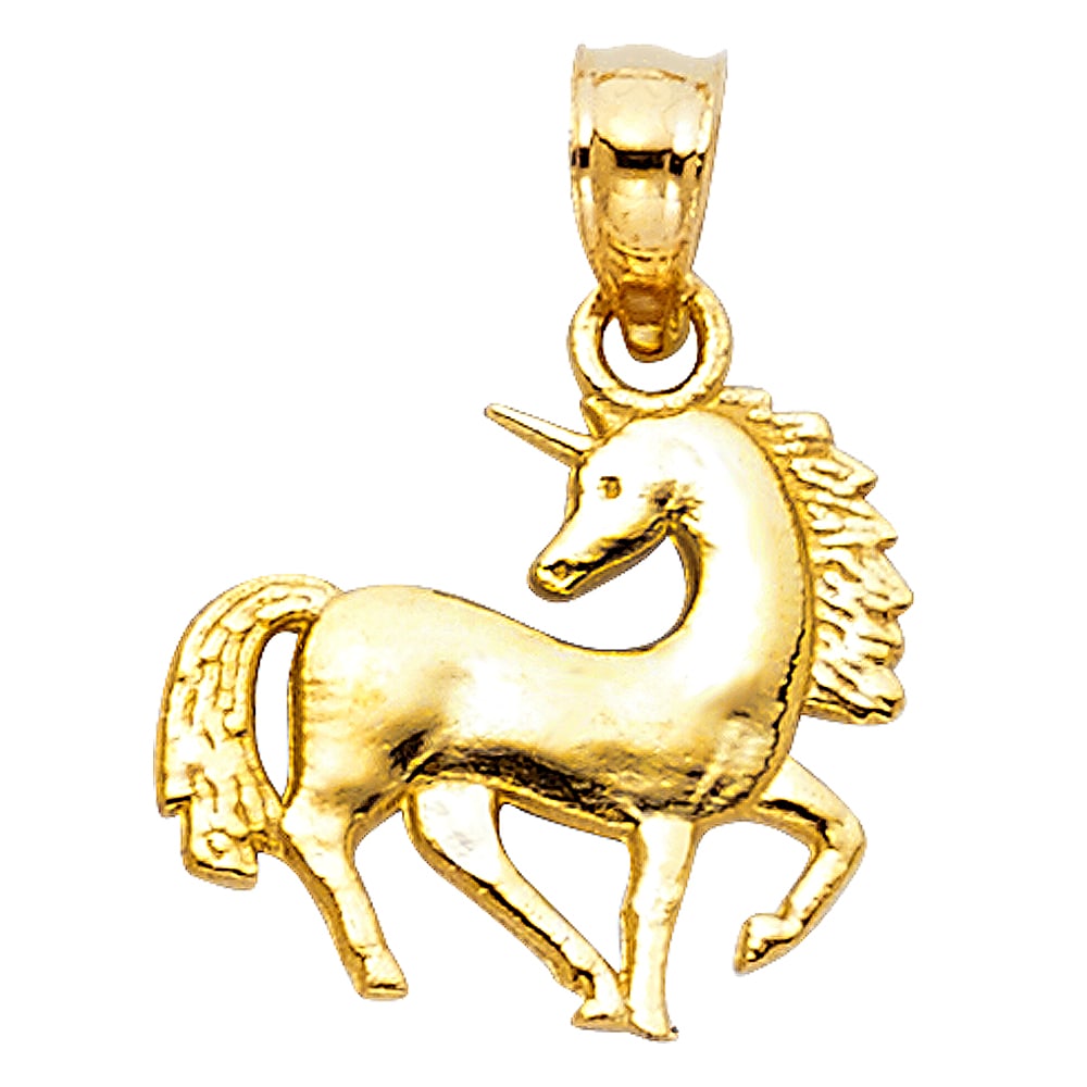 14KY UNICORN PENDANT: 14KY Unicorn Pendant Type: Pendant Material Type: 14k Gold Material Color: Yellow Avg. Weight: 0.77 Gr. Size: Height : 12 mm Width : 15 mm Accessories: None Notice: When purchasing pre-owned goods,