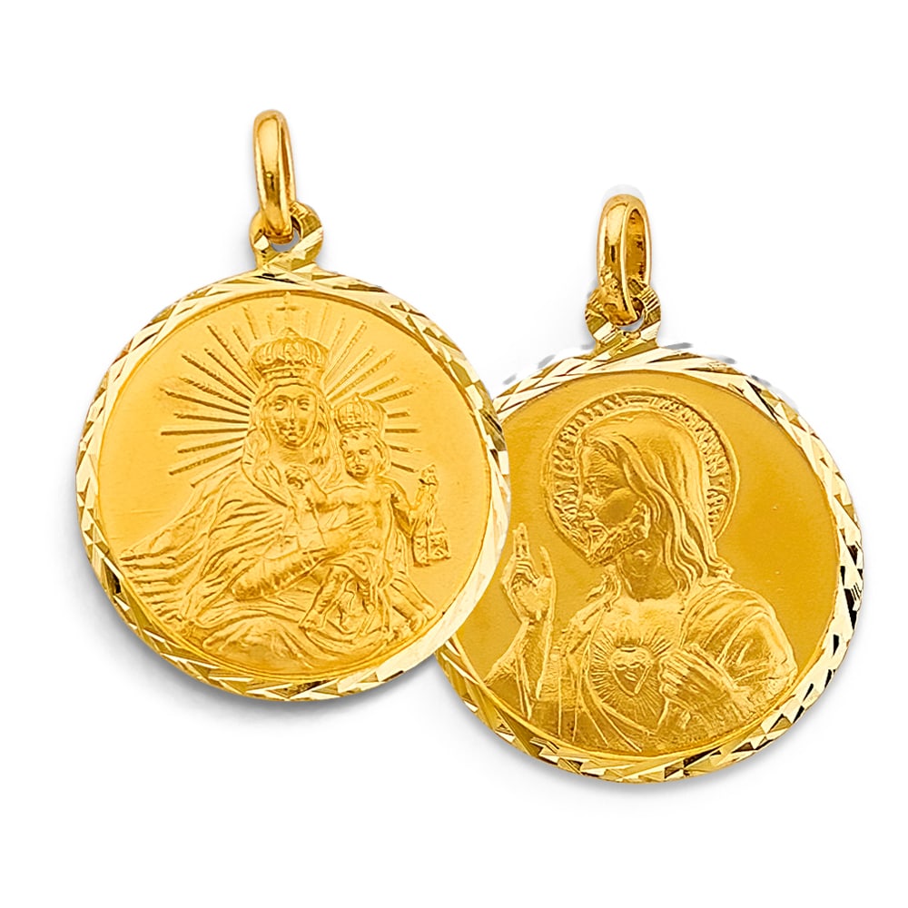 14KY VIRGIN DEL CARMEN/SAC RED HEART PENDANT: 14KY Virgin del Carmen/Sac Red Heart Pendant Type: Pendant Material Type: 14k Gold Material Color: Yellow Avg. Weight: 3.26 Gr. Size: Height : 27 mm, Width : 20 mm Accessories: None Notice