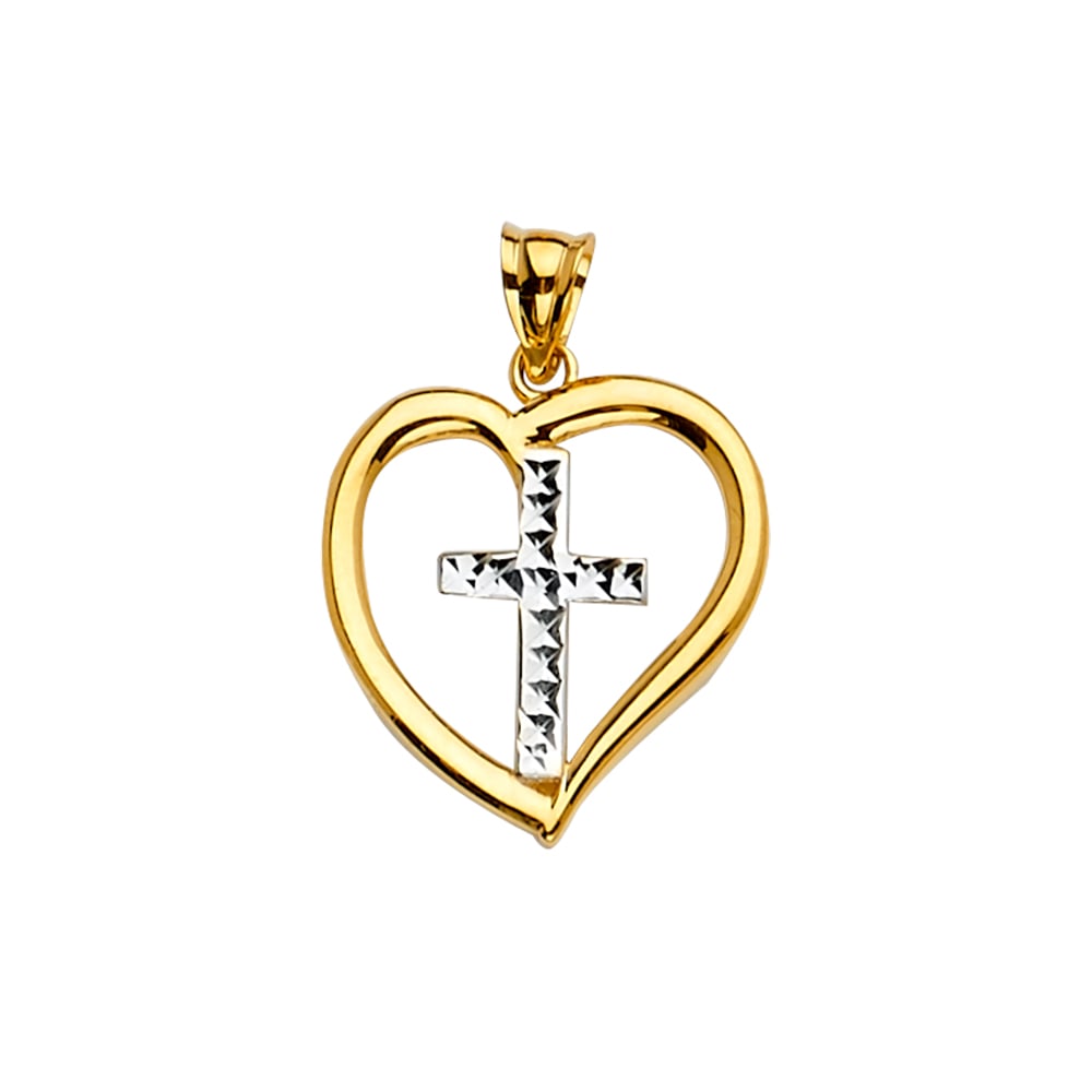 14K 2T HEART PENDANT WITH CROSS: 14K 2T Heart Pendant with Cross Type: Pendant Material Type: 14k Gold Material Color: Two Tone Avg. Weight: 1.23 Gr. Size: Height : 24 mm,Width : 17 mm Accessories: None Notice: When purchasing