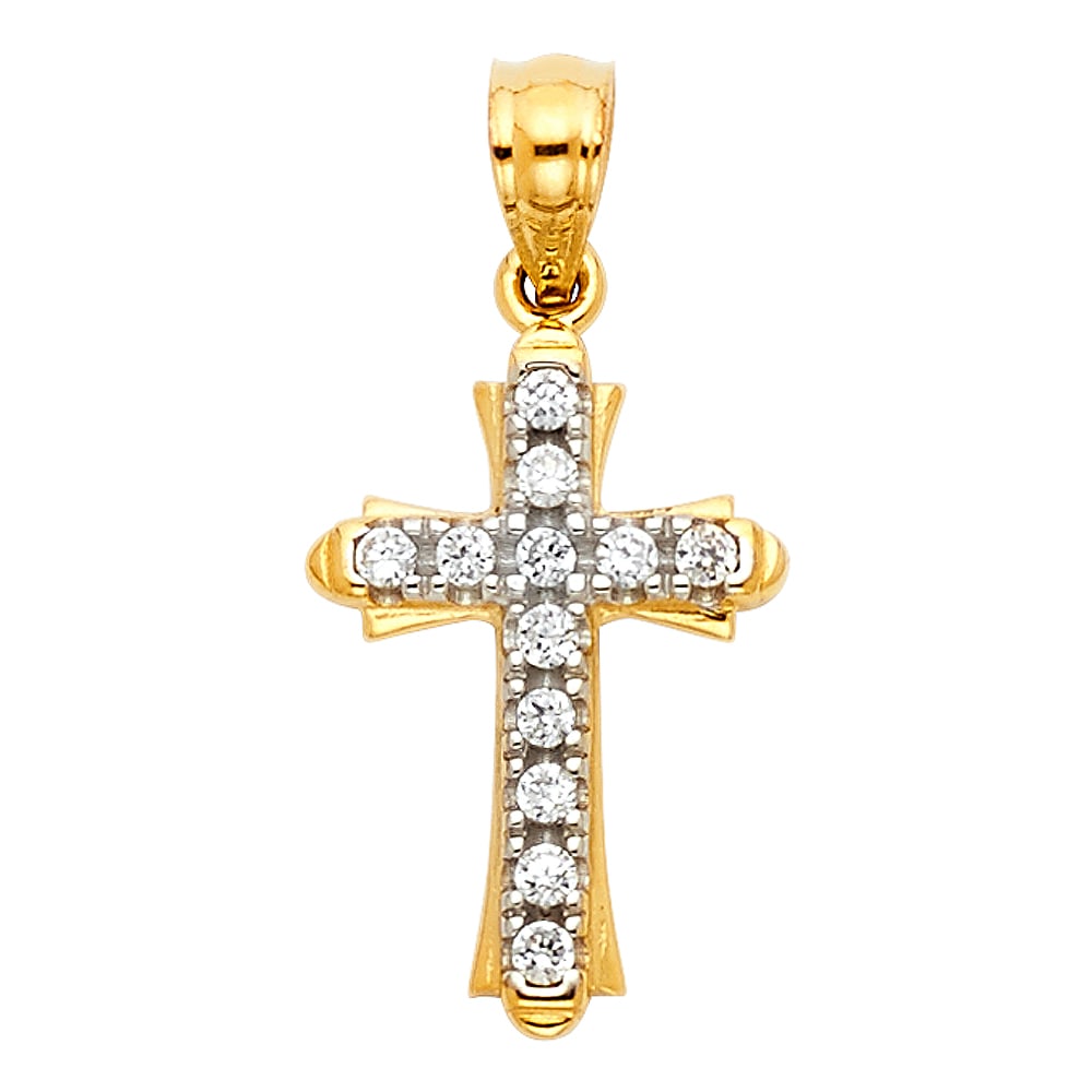 14K 2T CZ CROSS PENDANT: 14K 2T CZ Cross Pendant Type: Pendant Material Type: 14k Gold Material Color: Two Tone Avg. Weight: 0.8 Gr. Size: Height : 16 mm,Width : 11 mm Accessories: None Notice: When purchasing pre