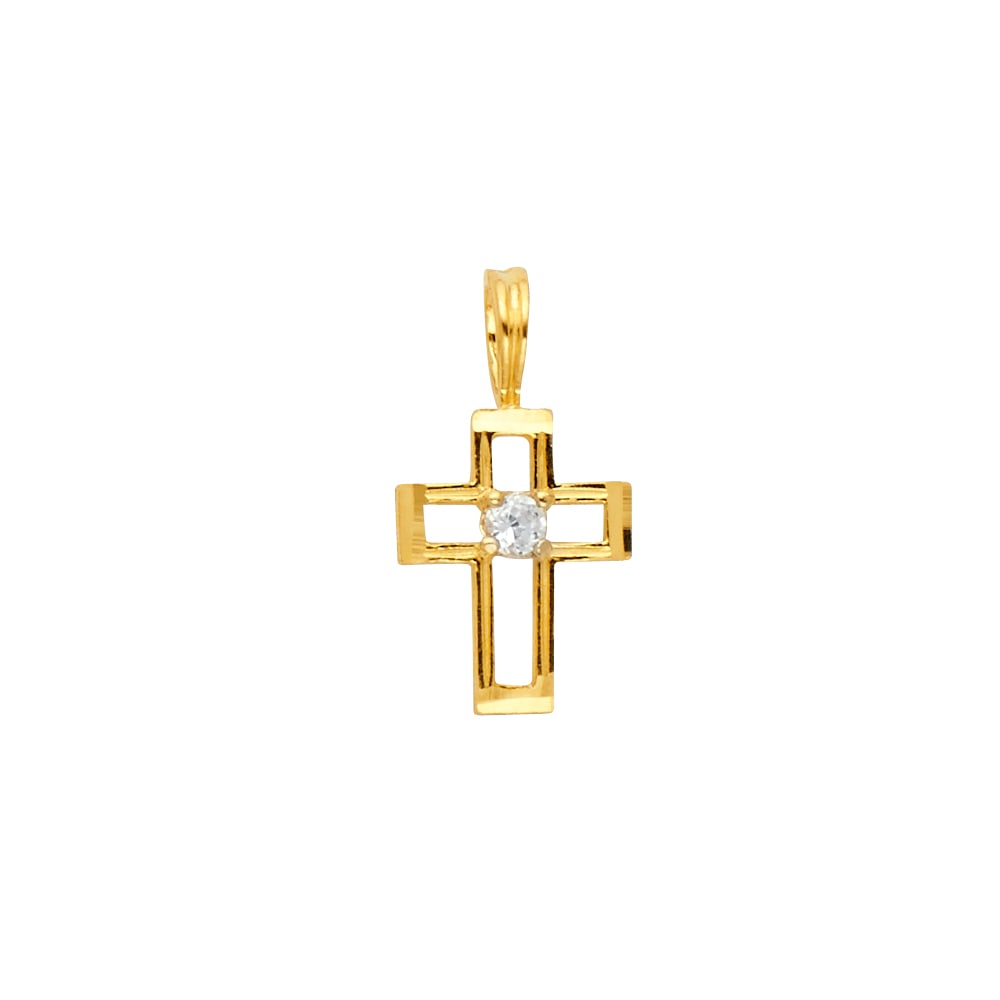 14KY CZ CROSS PENDANT: 14KY CZ Cross Pendant Type: Pendant Material Type: 14k Gold Material Color: Yellow Avg. Weight: 0.44 Gr. Size: Height : 15 mm,Width : 8 mm Accessories: None Notice: When purchasing pre-own