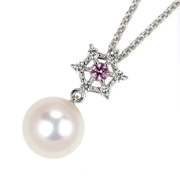 MIKIMOTO K18WG AKOYA PEARL PINK SAPPHIRE DIAMOND PENDANT NECKLACE: Mikimoto K18WG Akoya Pearl Pink Sapphire Diamond Pendant Necklace Brand: Mikimoto Type/Style: pendant necklace Material: K18WG, Main Stone Akoya Pearl Color: WG Size: Chain Length 45cm Accessories: