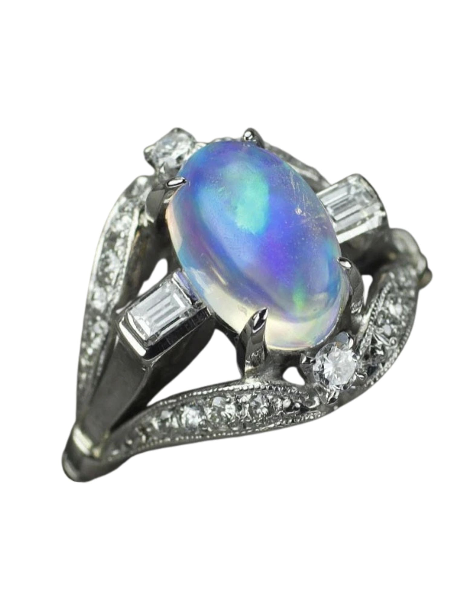 PT850 WATER OPAL DIAMOND RING: Pt850 water opal diamond ring Brand: None Type/Style: Ring Material: Pt900, Main Stone Opal Color: None Size: 4.75 - 5 US Accessories: None Accessories Notice: When purchasing pre-owned goods, please