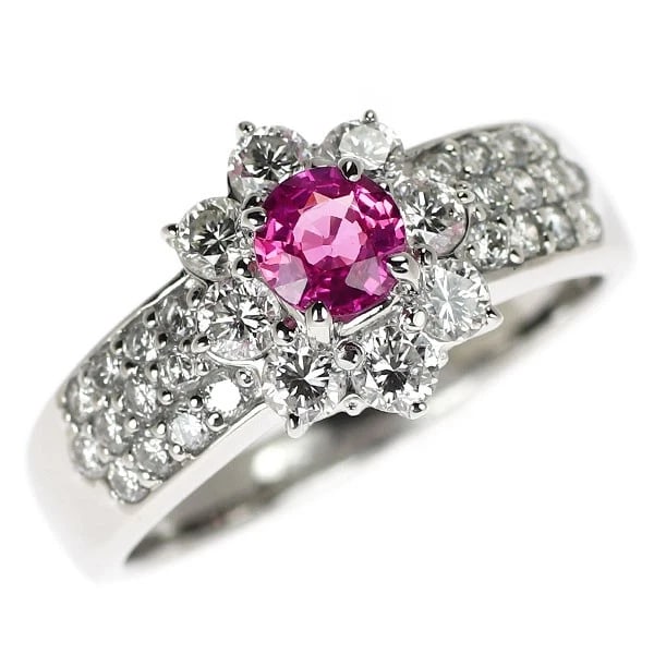 PT900 PINK SAPPHIRE DIAMOND RING FLOWER: Pt900 pink sapphire diamond ring flower Brand: None Type/Style: Ring Material: Pt900, Main Stone Sapphire Color: None Size: 6 US Accessories: None Accessories Notice: When purchasing pre-owned goods,