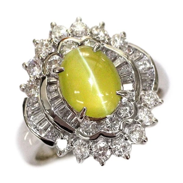 PT900 CHRYSOBERYL CAT'S EYE DIAMOND RING: Pt900 Chrysoberyl Cat's Eye Diamond Ring Brand: None Type/Style: Ring Material: Pt900, Main Stone Natural Color: Pt Size: 6 US Accessories: None Accessories Notice: When purchasing pre-own