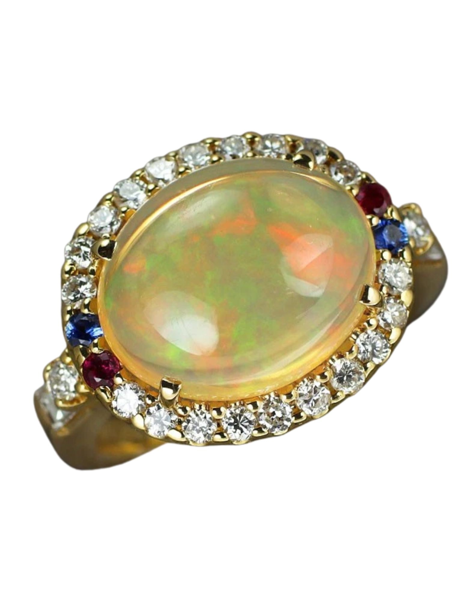 K18YG OPAL RUBY SAPPHIRE DIAMOND RING: K18YG Opal Ruby Sapphire Diamond Ring Brand: None Type/Style: Ring Material: K18YG, Main Stone NAtural Color: YG Size: 5.5 - 5.75 US Accessories: None Accessories Notice: When purchasing p