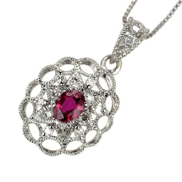 PT900/ PT850 RUBY DIAMOND PENDANT NECKLACE: Pt900/ Pt850 Ruby Diamond Pendant Necklace Brand: None Type/Style: pendant necklace Material: Pt900, Main Stone Ruby Color: None Size: Chain Length 45cm Accessories: None Accessories Notice: When