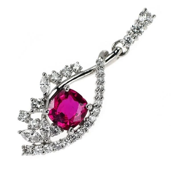 PT900 MOZAMBIQUE UNHEATED RUBY DIAMOND PENDANT TOP: Pt900 Mozambique Unheated Ruby Diamond Pendant Top Brand: None Type/Style: pendant top Material: Pt900, Main Stone Ruby Color: None Size: Length/Width/Diameter 31.5 Accessories: None Accessories