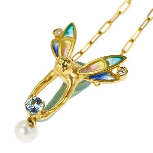MARIELLA/ MASRIERA ENAMEL/ K18YG DIAMOND PENDANT: Mariella/ MASRIERA enamel/ K18YG diamond pendant Brand: None Type/Style: pendant necklace Material: K18YG, Main Stone Natural/Akoya pearl/pearl aquamarine Color: YG Size: Chain Length 50 cm