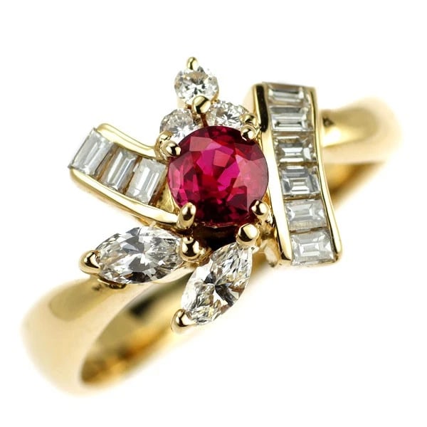 K18YG RUBY DIAMOND RING: K18YG Ruby Diamond Ring Brand: None Type/Style: Ring Material: K18YG, Main Stone Ruby Color: YG Size: 5.5 - 5.75 US Accessories: None Accessories Notice: When purchasing pre-owned goods, please refer