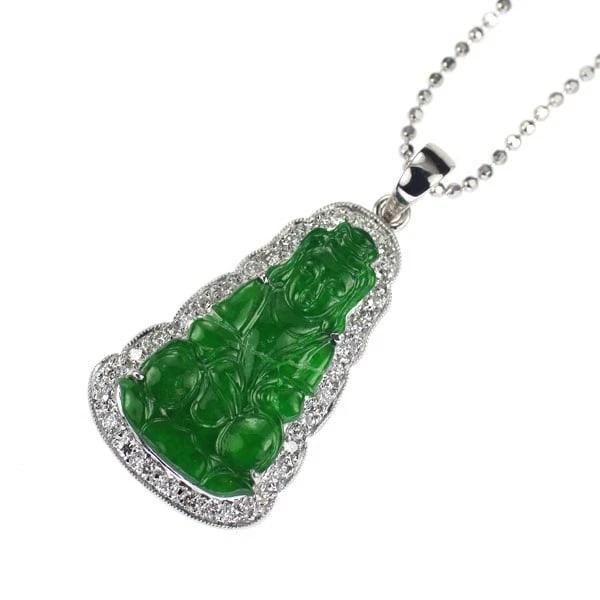 K18WG CARVING JADE/JADE DIAMOND PENDANT NECKLACE (1 of 2)
