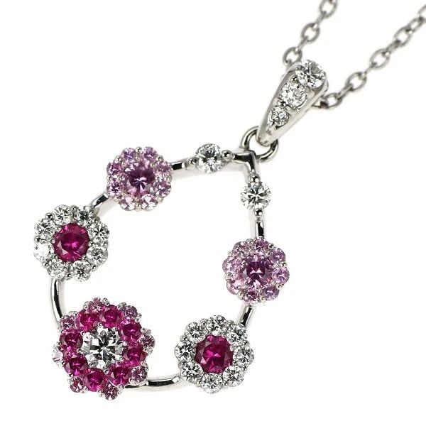 K18WG RUBY PINK SAPPHIRE DIAMOND PENDANT NECKLACE: K18WG ruby pink sapphire diamond pendant necklace Brand: None Type/Style: pendant necklace Material: K18WG, Main Stone Ruby Color: WG Size: Chain Length 50.5 cm Accessories: None Accessories Notice: