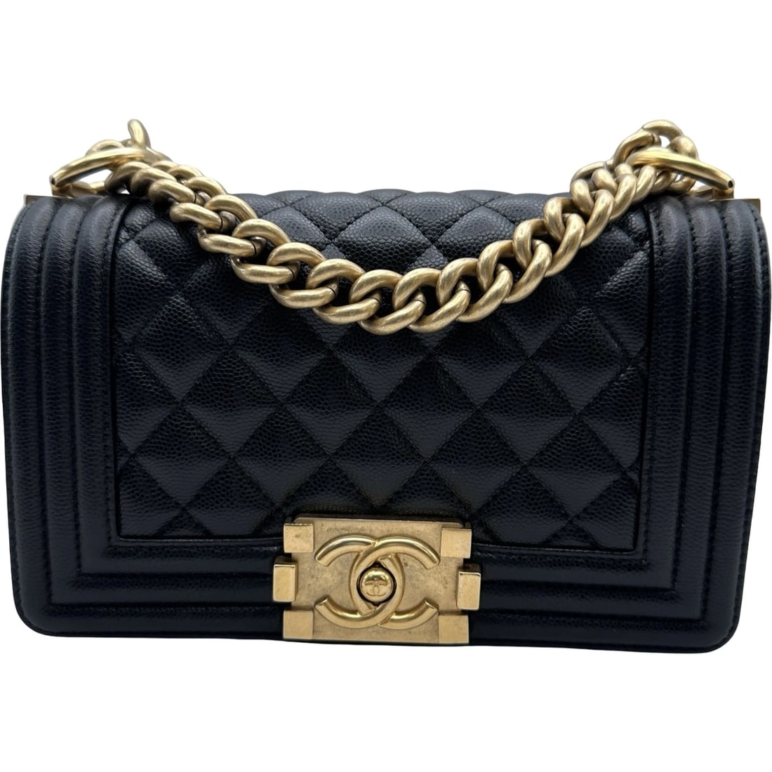CHANEL BOY 20 SHOULDER BAG: CHANEL boy 20 Shoulder Bag Brand: CHANEL Type/Style: Shoulder Bag Material: Caviar skin Color: Black x Gold Hardware Size: W7.9 x H4.7x D2.4inch Accessories: None Accessories Notice: When purchasing