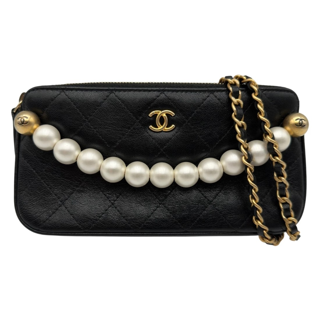 CHANEL MATRASSE CHAIN WALLET SHOULDER BAG: CHANEL Matrasse Chain wallet Shoulder Bag Brand: CHANEL Type/Style: Shoulder Bag Material: Goatskin/Pearl Color: Black Gold Hardware Size: W7.5 x H3.5x D1.2inch Accessories: None Accessori