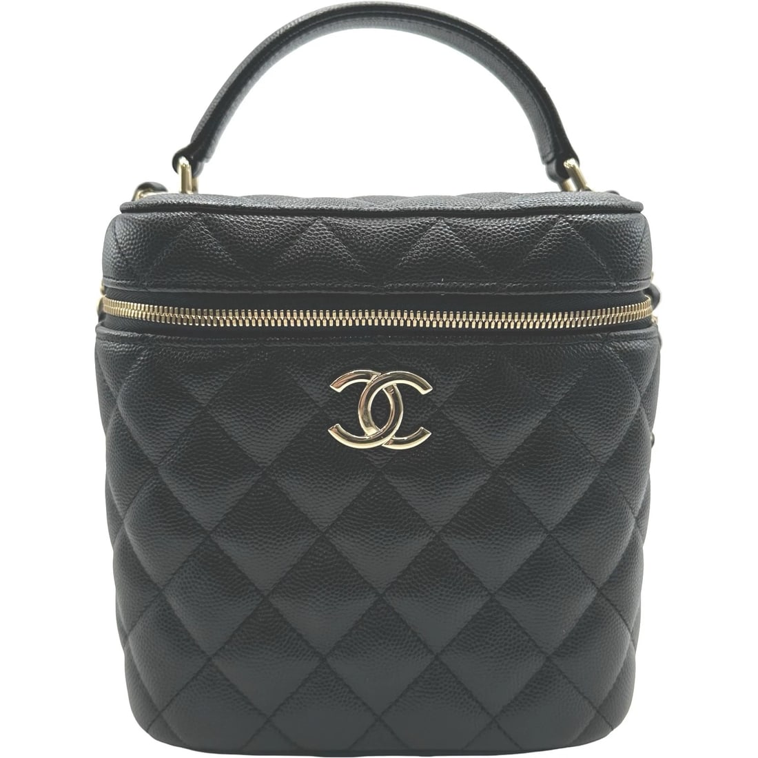 CHANEL MATELASSE VANITY CASE SHOULDER BAG: CHANEL Matelasse Vanity Case Shoulder Bag Brand: CHANEL Type/Style: Shoulder Bag Material: Caviar skin Color: Black Gold Hardware Size: W5.9 x H6.3x D4.7inch Accessories: None Accessories Notice: