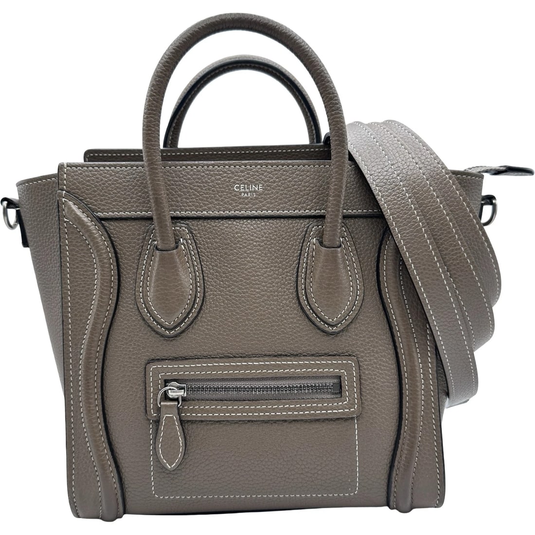 CELINE LUGGAGE NANO SHOPPER HANDBAG: CELINE Luggage nano shopper Handbag Brand: CELINE Type/Style: Handbag Material: Drummed calfskin Color: Suri SilverHardware Size: W7.9 x H8.3x D3.9inch Accessories: None Accessories Notice: When