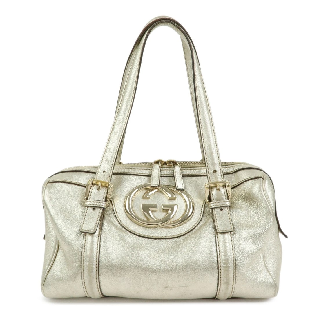 GUCCI INTERLOCKING G LEATHER MINI BOSTON BAG: GUCCI Interlocking G Leather Mini Boston Bag Brand: gucci Type/Style: Boston Bag Material: Leather Color: Champagne gold Size: W28cm(11.02inch)H19cm(7.48inch)D7.5cm(2.95inch) Accessories: None