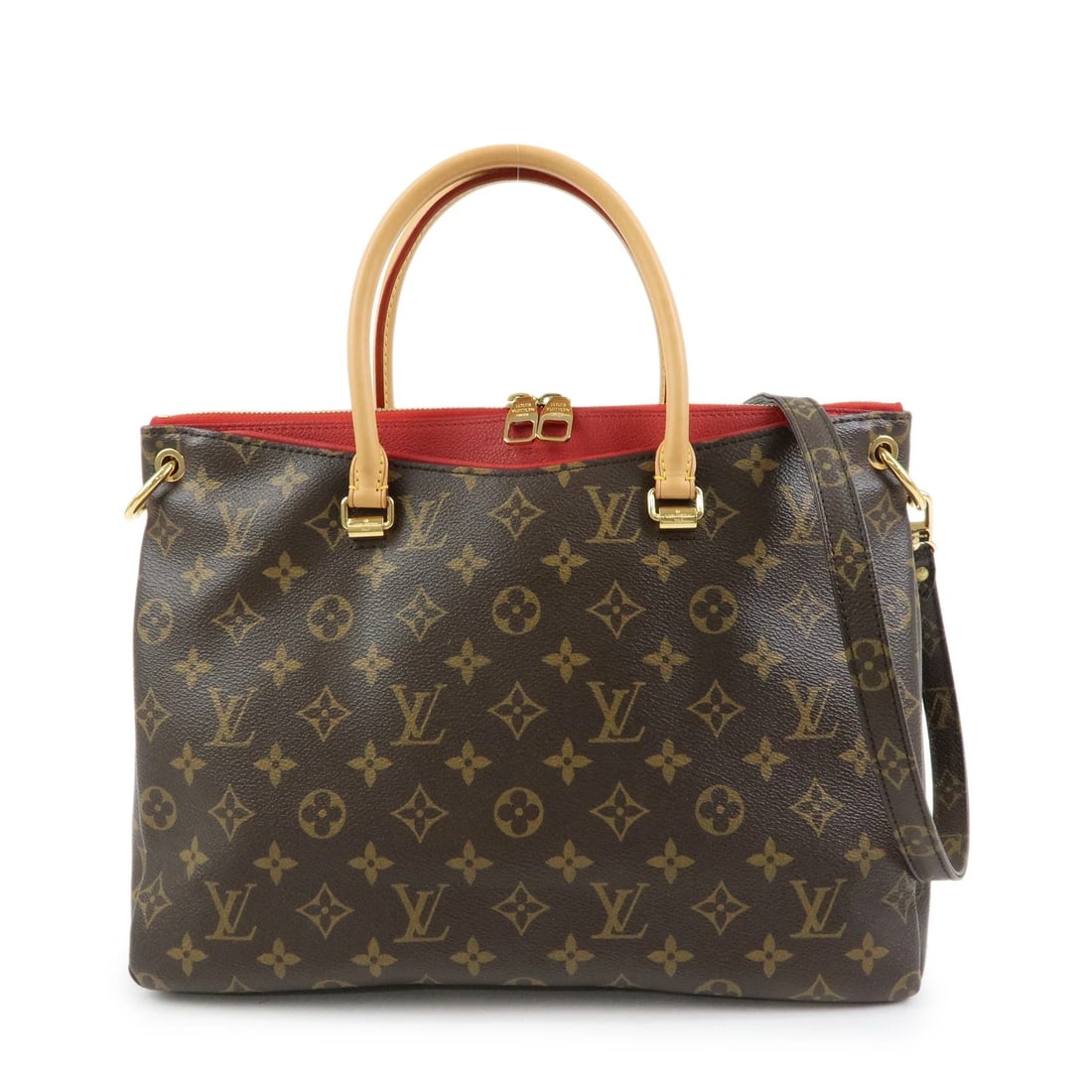 LOUIS VUITTON MONOGRAM PALLAS CANVAS LEATHER 2WAY BAG: Louis Vuitton Monogram Pallas Canvas Leather 2Way Bag Brand: Louis Vuitton Type/Style: 2Way Bag Material: Monogram Canvas , Nume Leather , Leather Color: Cerise Size: W34cm(13.39inch)H25cm(9.84inch)D1
