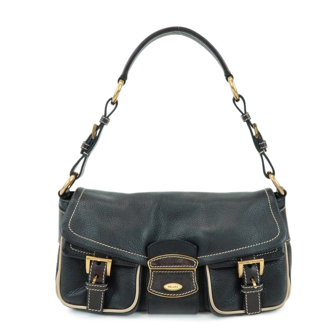 PRADA LOGO LEATHER STITCH SHOULDER BAG HAND BAG: PRADA Logo Leather Stitch Shoulder Bag Hand Bag Brand: prada Type/Style: Shoulder Bag Material: Leather Color: Black Size: W29cm(11.42inch)H17.5cm(6.89inch)D11cm(4.33inch) Accessories: None