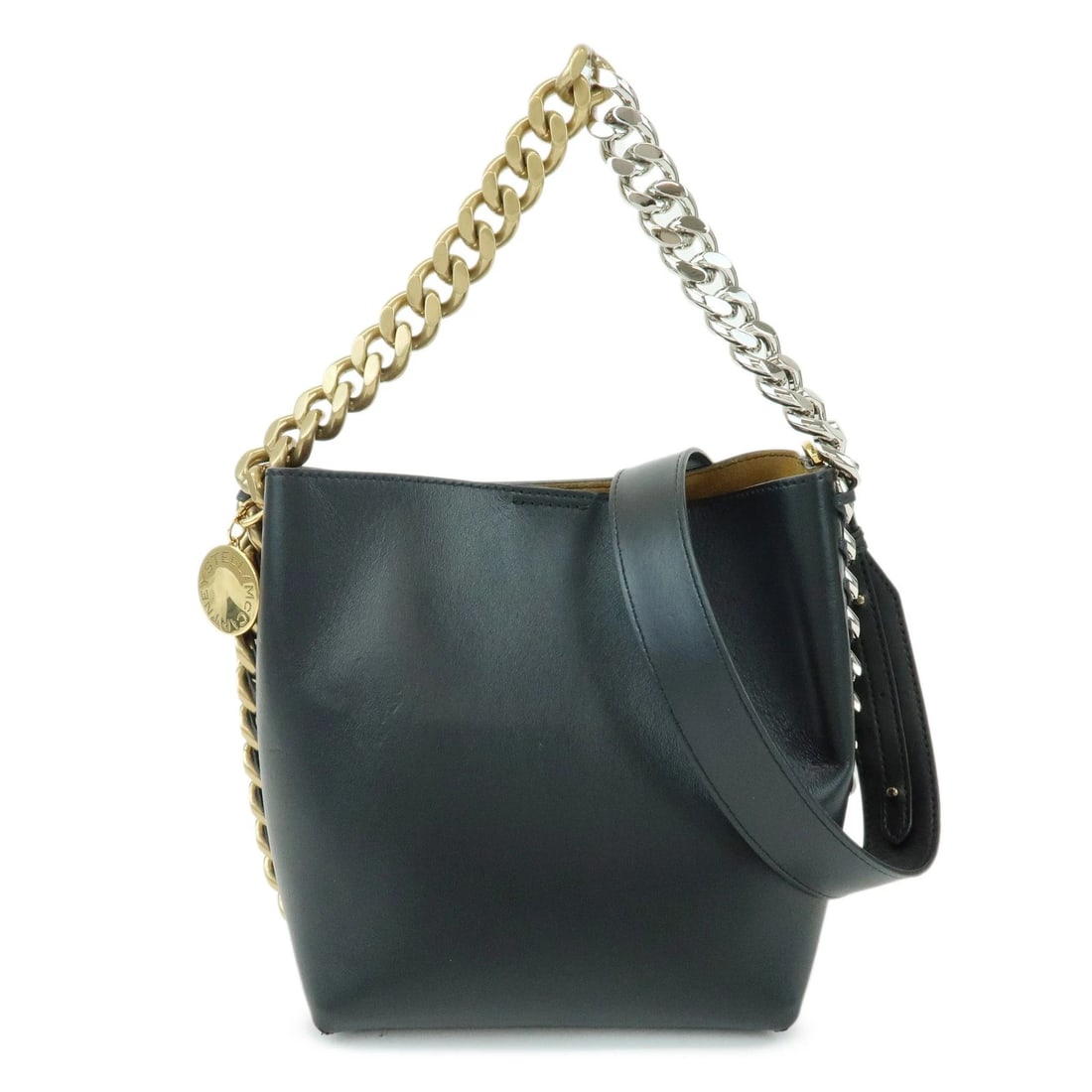 STELLA MCCARTNEY FAUX LEATHER FRAYME BUCKET 2WAY HAND BAG: STELLA MCCARTNEY Faux Leather Frayme Bucket 2Way Hand Bag Brand: STELLA MCCARTNEY Type/Style: Hand Bag Material: faux leather Color: Black Size: W:25cm(9.84inch)H:20cm(7.87inch)D:12cm(4.72inch) Ac