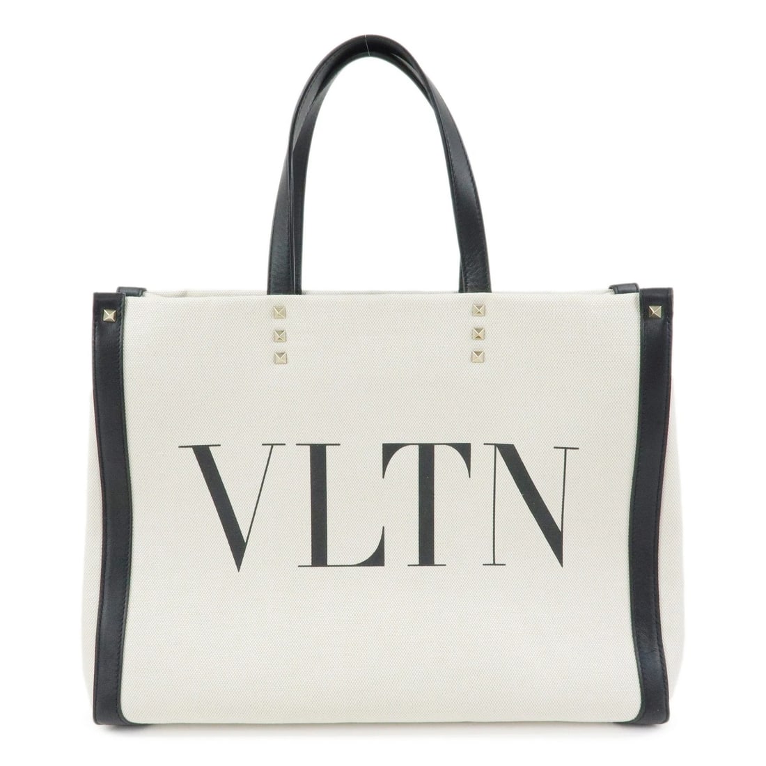 VALENTINO ROCKSTUD CANVAS LEATHER TOTE BAG HAND BAG: VALENTINO Rockstud Canvas Leather Tote Bag Hand Bag Brand: VALENTINO Type/Style: Tote Bag Material: Canvas , Leather Color: Natural , Black Size: W37cm(14.57inch)H28cm(11.02inch)D13cm(5.12inch) Ac