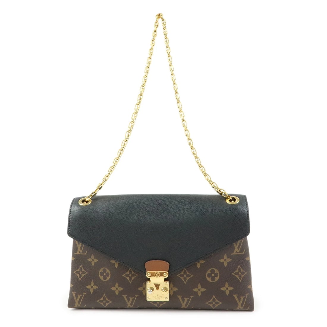 LOUIS VUITTON MONOGRAM PALLAS CHAIN SHOULDER BAG: Louis Vuitton Monogram Pallas Chain Shoulder Bag Brand: Louis Vuitton Type/Style: Shoulder Bag Material: Monogram Canvas , Leather Color: Noir Size: W26cm(10.24inch)H15cm(5.91inch)D5.5cm(2.17inch)