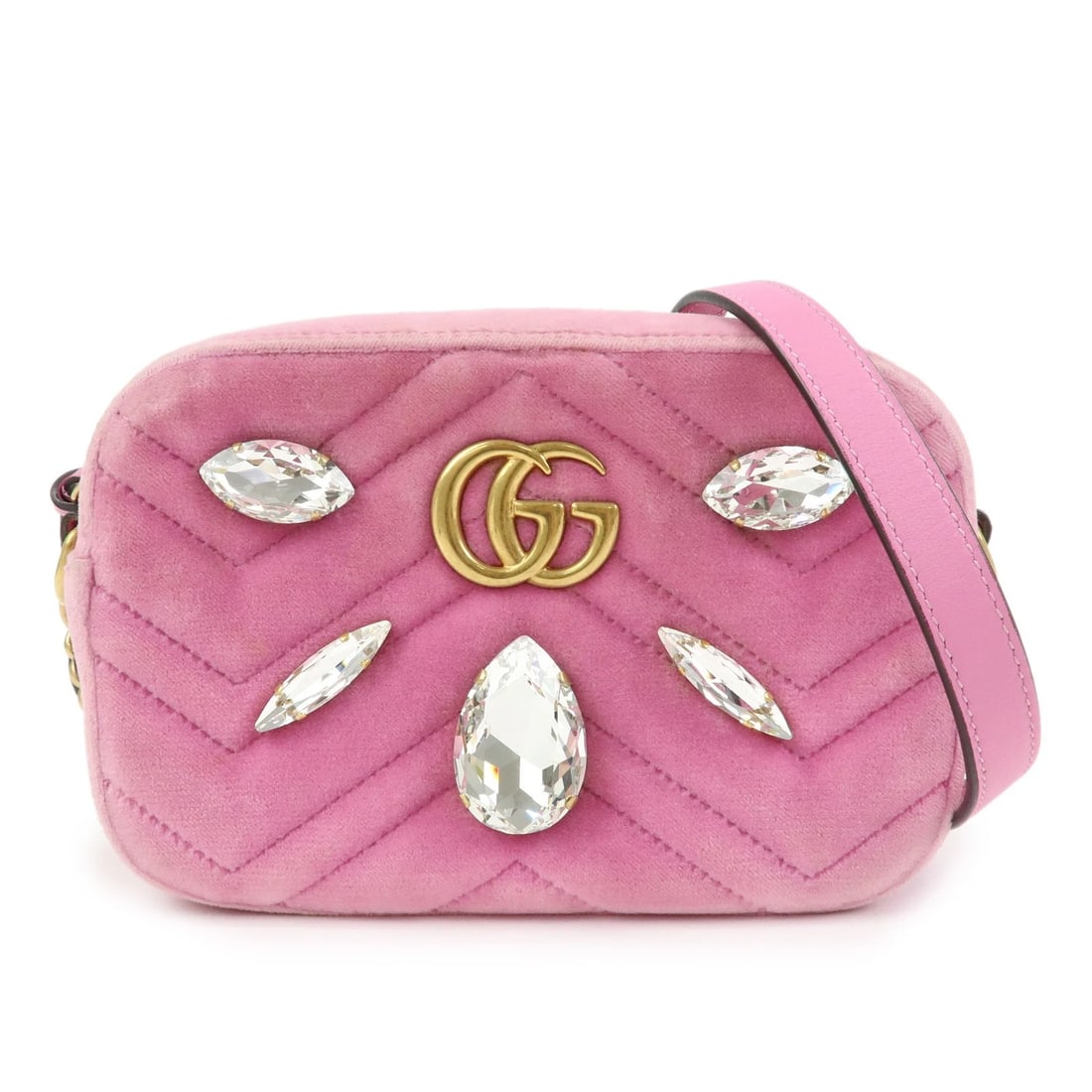 GUCCI GG MARMONT VELVET LEATHER RHINESTONE SHOULDER BAG: GUCCI GG Marmont Velvet Leather Rhinestone Shoulder Bag Brand: gucci Type/Style: Shoulder Bag Material: Velvet , Stone , Leather Color: Pink Size: W18cm(7.09inch)H12cm(4.72inch)D6cm(2.36inch) Acce
