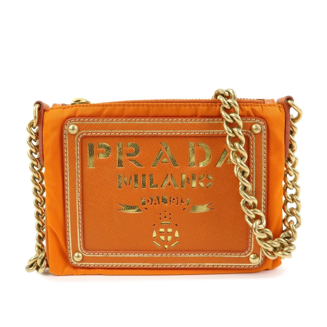 PRADA NYLON LEATHER CHAIN SHOULDER BAG: PRADA Nylon Leather Chain Shoulder Bag Brand: prada Type/Style: Shoulder Bag Material: Nylon, Saffiano Leather Color: Orange Size: W16cm(6.30inch)H12cm(4.72inch)D1cm(0.39inch) Accessories: None