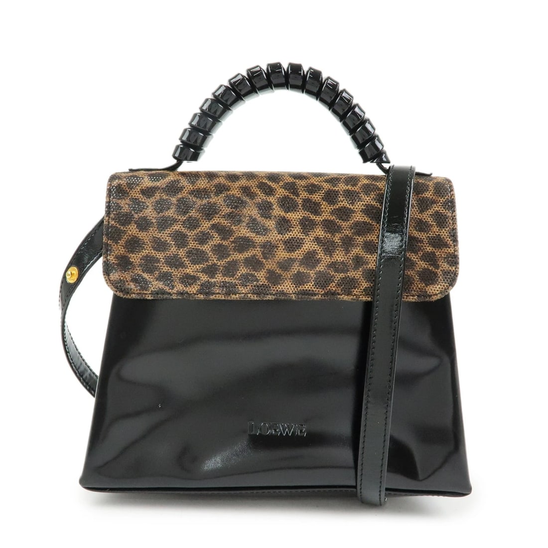 LOEWE VELAZQUEZ PATENT LEATHER 2WAY HAND SHOULDER BAG: LOEWE Velazquez Patent Leather 2Way Hand Shoulder Bag Brand: LOEWE Type/Style: Shoulder Bag Material: Patent Leather Color: Black , Brown Size: W21.5cm(8.46inch)H18cm(7.09inch)D7.5cm(2.95inch) Acc
