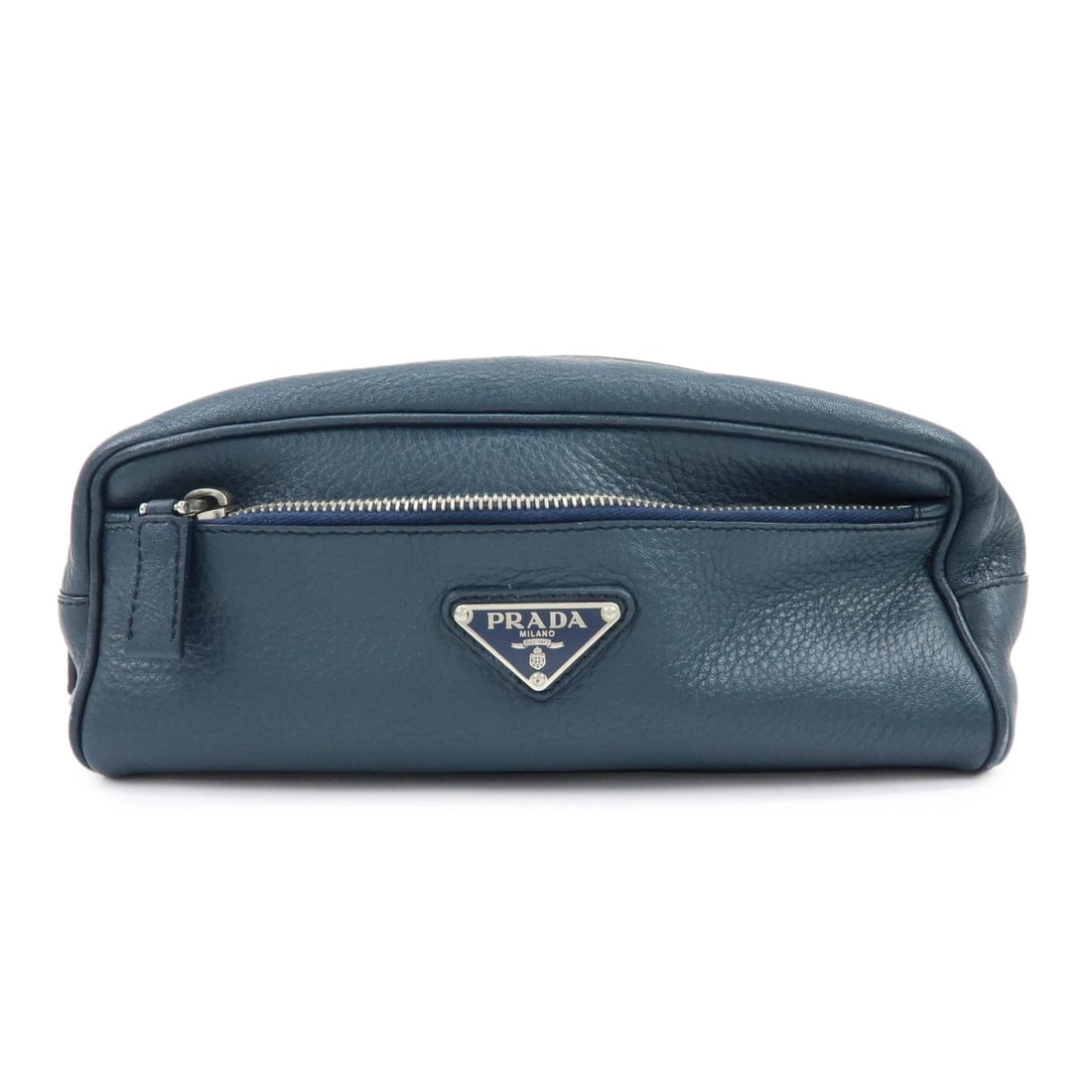 PRADA TRIANGLE LOGO LEATHER COSMETIC POUCH ACCESSORY POUCH: PRADA Triangle Logo Leather Cosmetic Pouch Accessory Pouch Brand: prada Type/Style: pouch Material: Leather Color: Navy Size: W23cm(9.06inch)H10cm(3.94inch)D10cm(3.94inch) Accessories: None