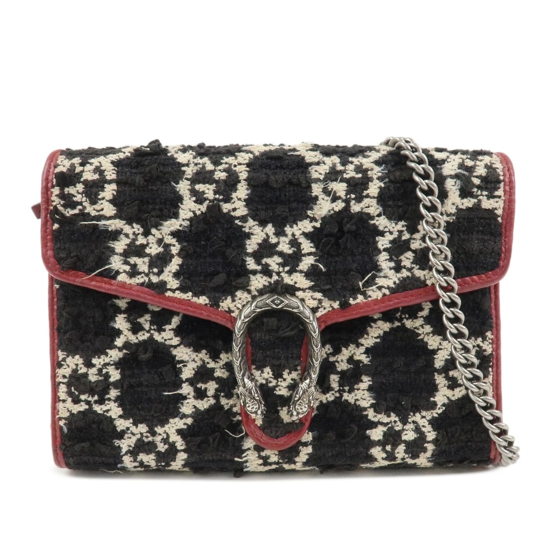 GUCCI DIONYSUS TWEED LEATHER CHAIN SHOULDER BAG: GUCCI Dionysus Tweed Leather Chain Shoulder Bag Brand: MIU MIU Type/Style: Shoulder Bag Material: Tweed , Leather Color: Black , Ivory , Bordeaux Size: ?20cm(7.87inch)H14cm(5.51inch)D3cm(1.18inch)
