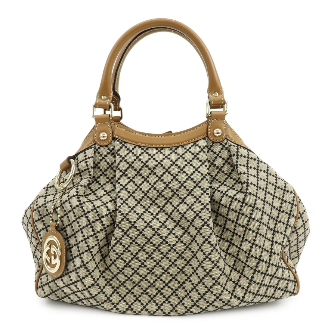 GUCCI SUKEY DIAMANTE INTERLOCKING G CANVAS LEATHER TOTE BAG: GUCCI Sukey Diamante Interlocking G Canvas Leather Tote Bag Brand: GUCCI Type/Style: Hand Bag Material: Canvas, Leather Color: Beige Size: W?33cm(12.99inch)H?24cm(9.45inch)D?11cm(4.33inch) Accesso