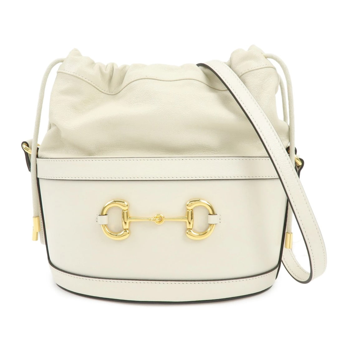 GUCCI HORSEBIT LEATHER DRAWSTRING BUCKET SHOULDER BAG: GUCCI Horsebit Leather Drawstring Bucket Shoulder Bag Brand: gucci Type/Style: Shoulder Bag Material: Leather Color: Ivory Size: W27cm(10.63inch)H24cm(9.45inch)D12cm(4.72inch) Accessories: None