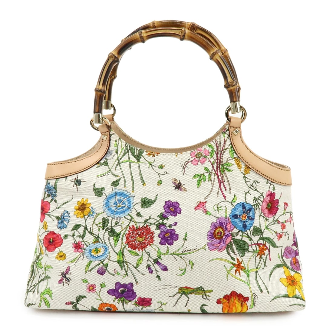 GUCCI BAMBOO FLORA CANVAS LEATHER HAND BAG: GUCCI Bamboo Flora Canvas Leather Hand Bag Brand: GUCCI Type/Style: Hand Bag Material: Canvas, Leather Color: Multicolor, Beige Size: W?36cm(14.17inch)H?26cm(10.24inch)D?13cm(5.12inch) Accessories