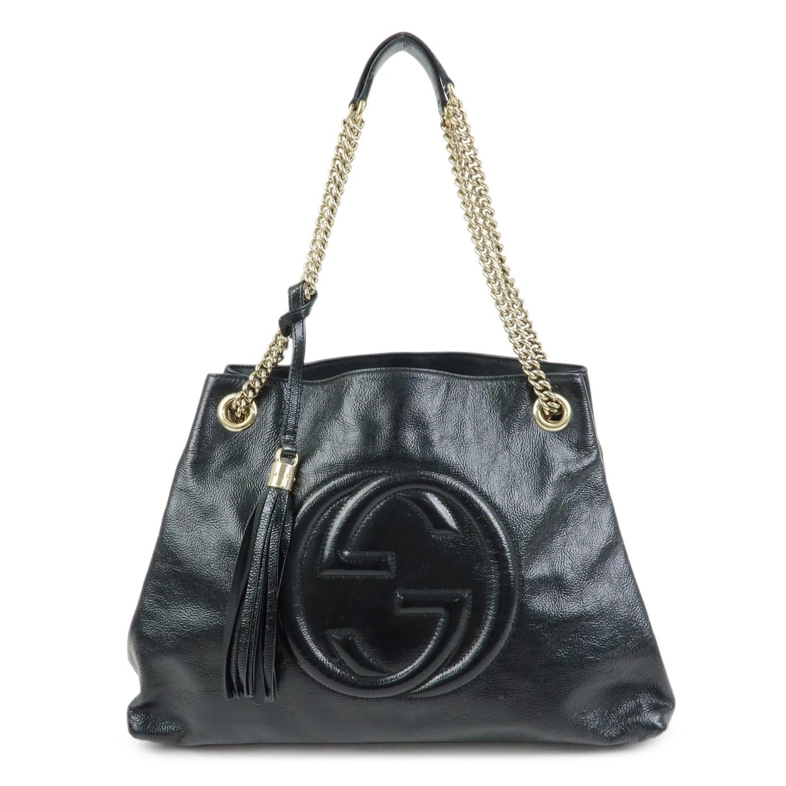 GUCCI SOHO INTERLOCKING G PATENT LEATHER CHAIN SHOULDER BAG: GUCCI SOHO Interlocking G Patent Leather Chain Shoulder Bag Brand: GUCCI Type/Style: Shoulder Bag Material: Patent Leather Color: Black Size: W38cm(14.96inch)H28cm(11.02inch)D12cm(4.72inch) Access