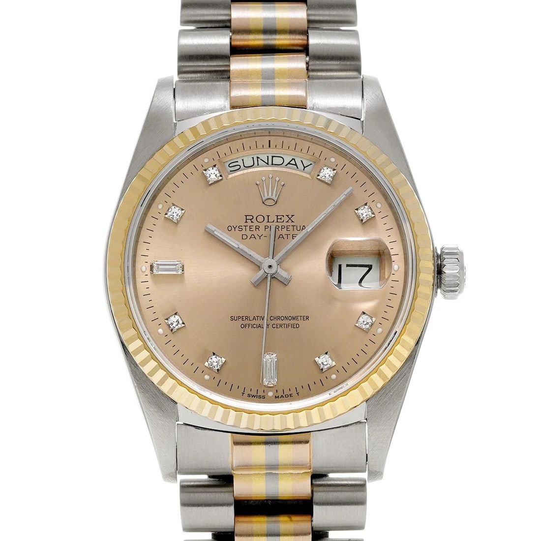 ROLEX DAY-DATE TRIDOR GOLD/DIAMOND WATCH: ROLEX Day-Date Tridor gold/diamond Watch Brand: ROLEX Type/Style: Wristwatch Material: Band Material White gold/Yellow Gold, Case Material White gold Color: Dial Color gold Size: Case Size H/about