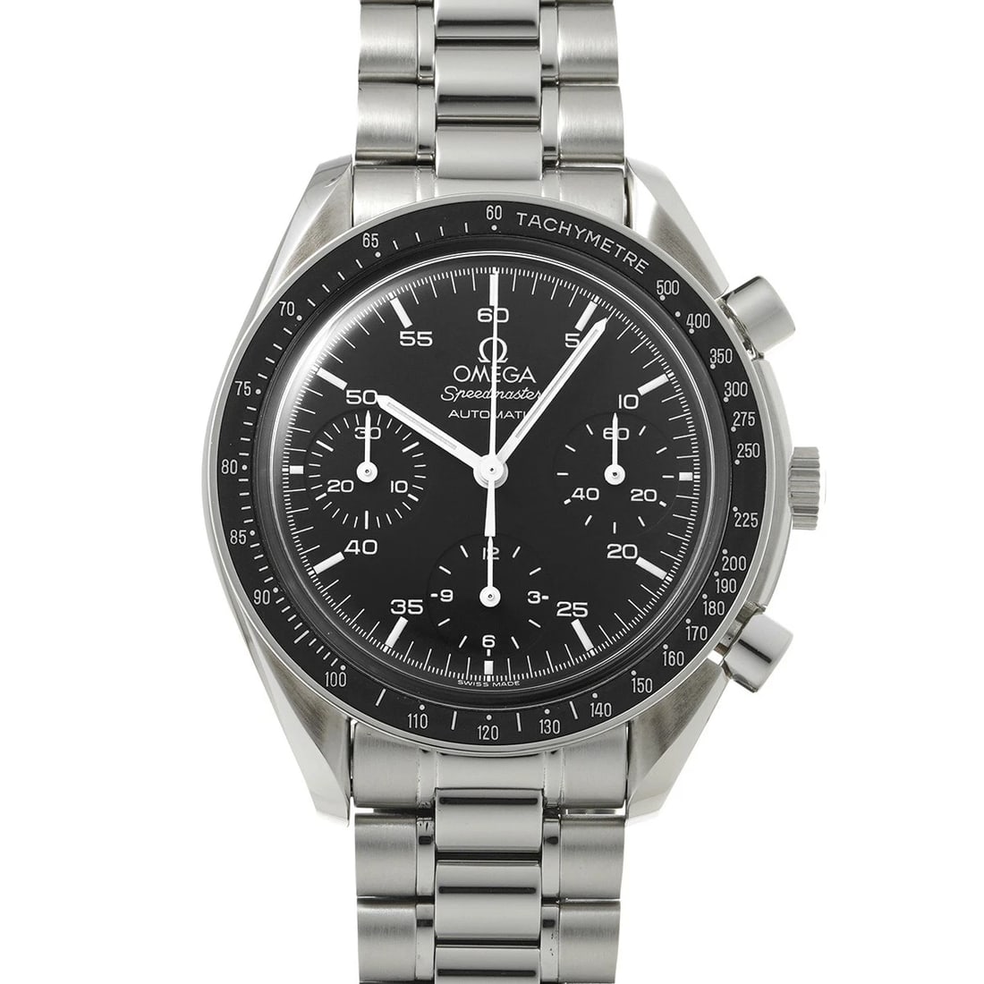 OMEGA SPEEDMASTER AUTOMATIC BLACK WATCH: OMEGA Speedmaster Automatic black Watch Brand: OMEGA Type/Style: Wristwatch Material: Band Material Stainless steel, Case Material Stainless steel Color: Dial Color black Size: Case Size H/about 39mm