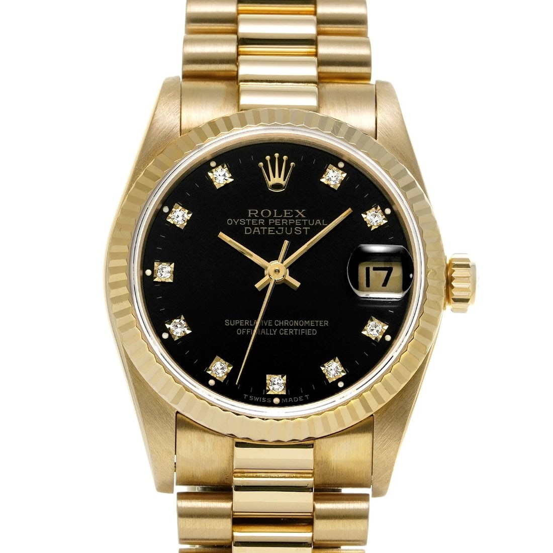ROLEX DATEJUST BLACK/DIAMOND WATCH: ROLEX Datejust black/diamond Watch Brand: ROLEX Type/Style: Wristwatch Material: Band Material Yellow Gold, Case Material Yellow Gold Color: Dial Color black Size: Case Size H/about 31mm W/about 31mm 